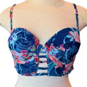 Betsey‎ Johnson Floral Bustier Bikini Swim Top Medium Ladder Cutout Underwire
